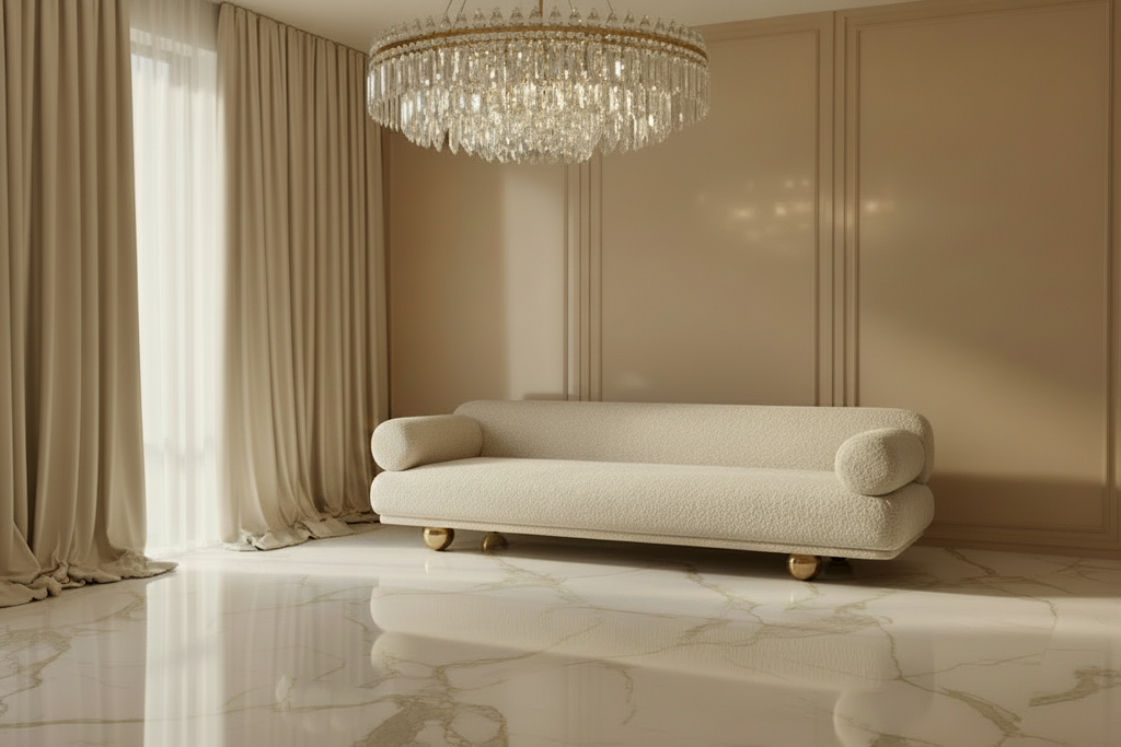 Sculptural Bouclé Brass Sofa