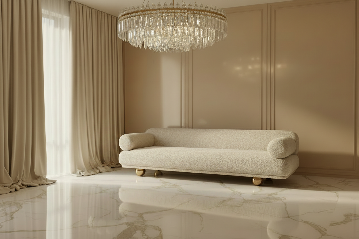 Sculptural Bouclé Brass Sofa