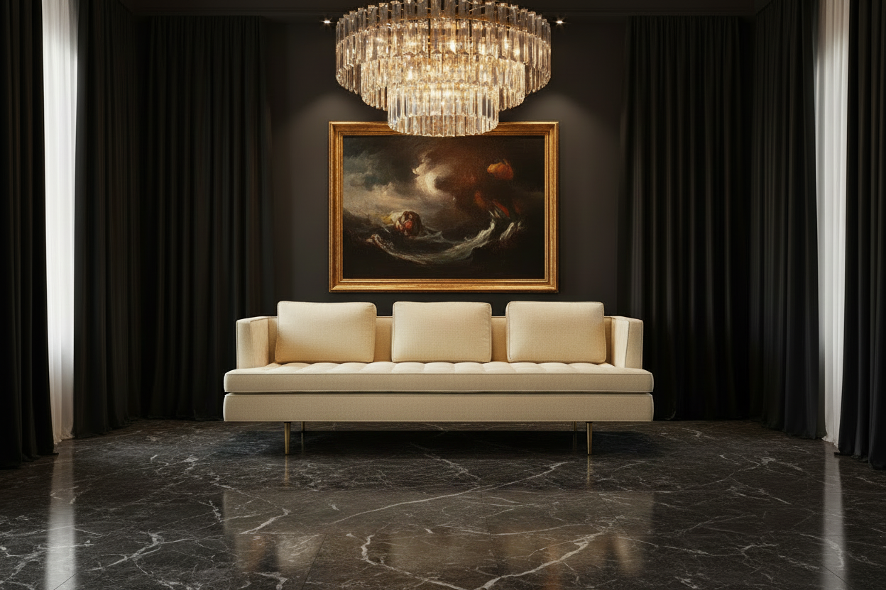 Mid-Century Cream Velvet Sofa