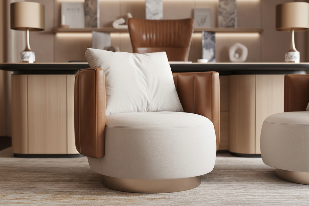 Visitor Chair hero shot — white bouclé and cognac leather accent chair