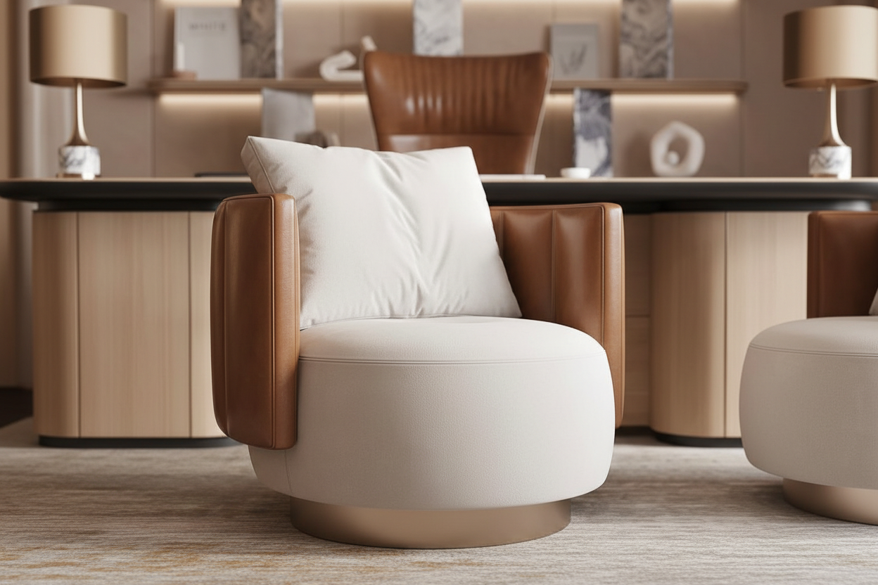 Visitor Chair hero shot — white bouclé and cognac leather accent chair