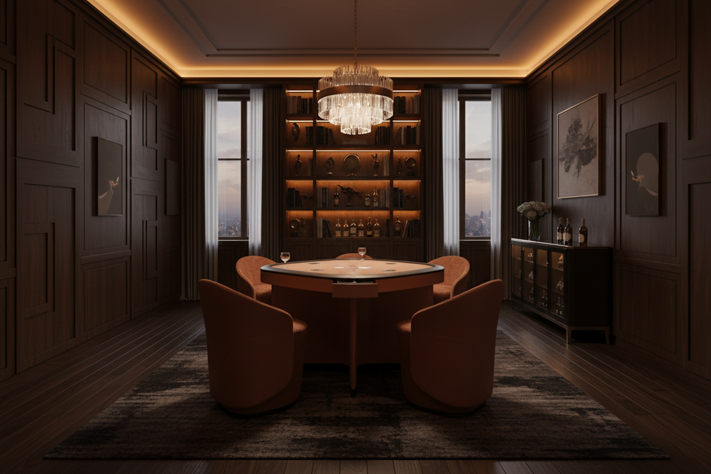 Terracotta velvet card table set in moody private club setting