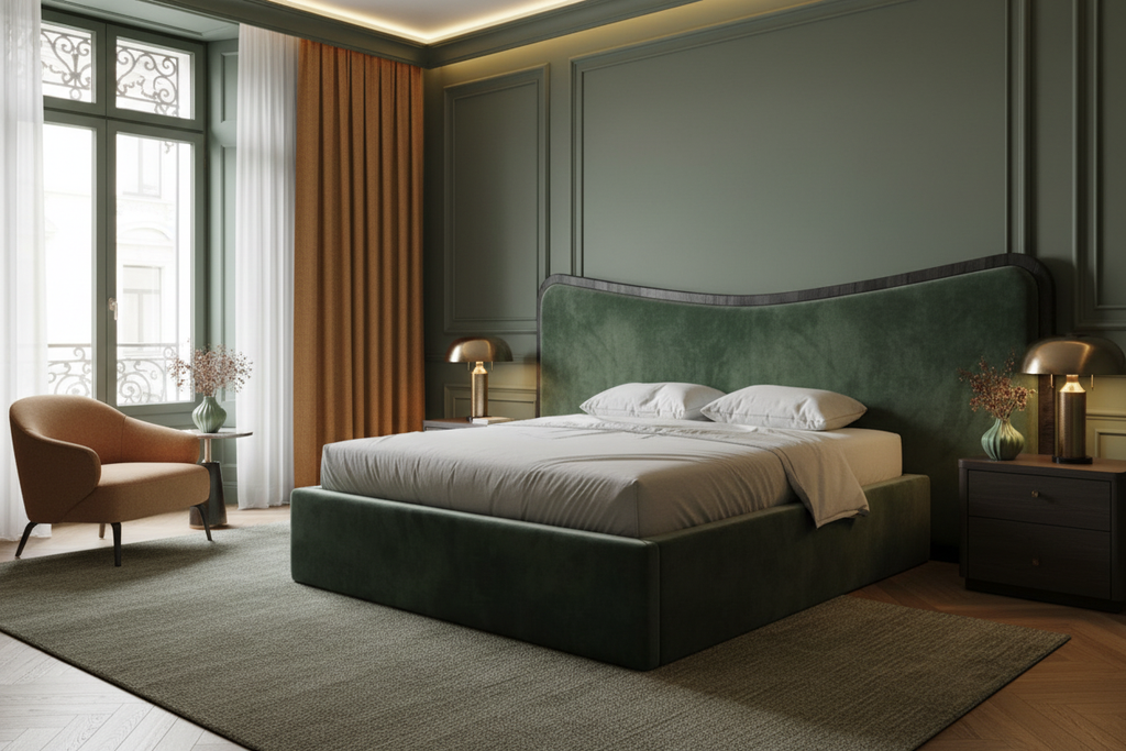 Forest green velvet bed in luxury bedroom setting