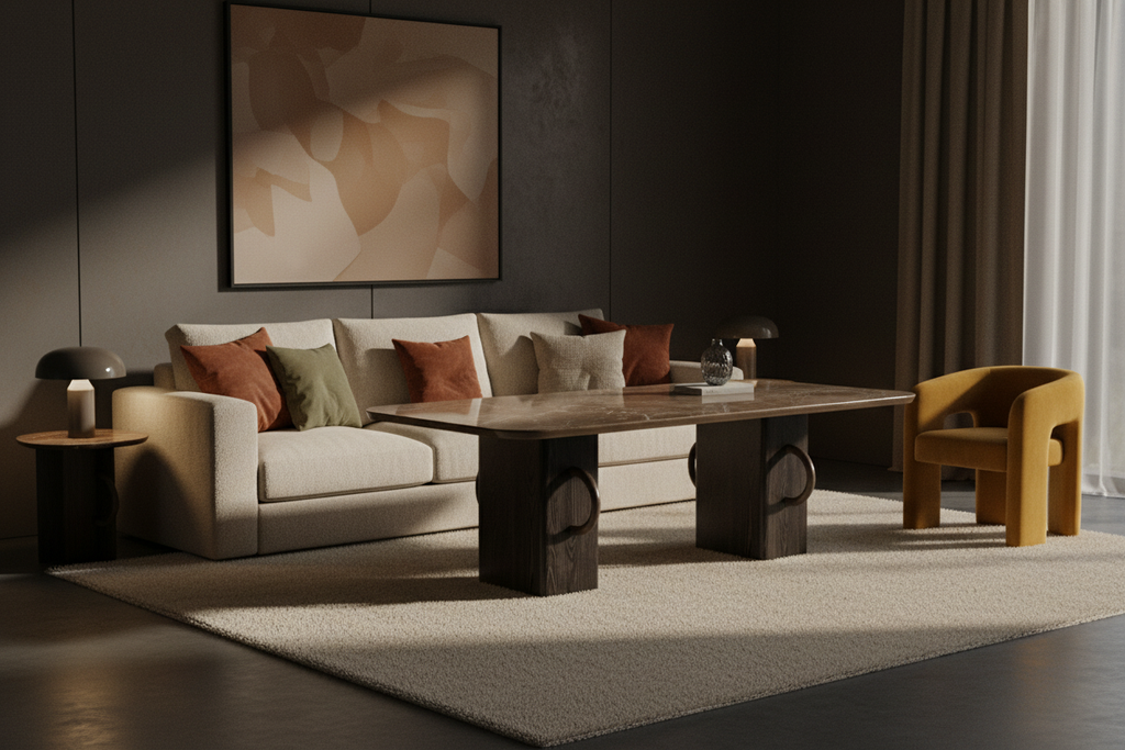 Atmospheric interior shot of the Cream Boucle Sofa