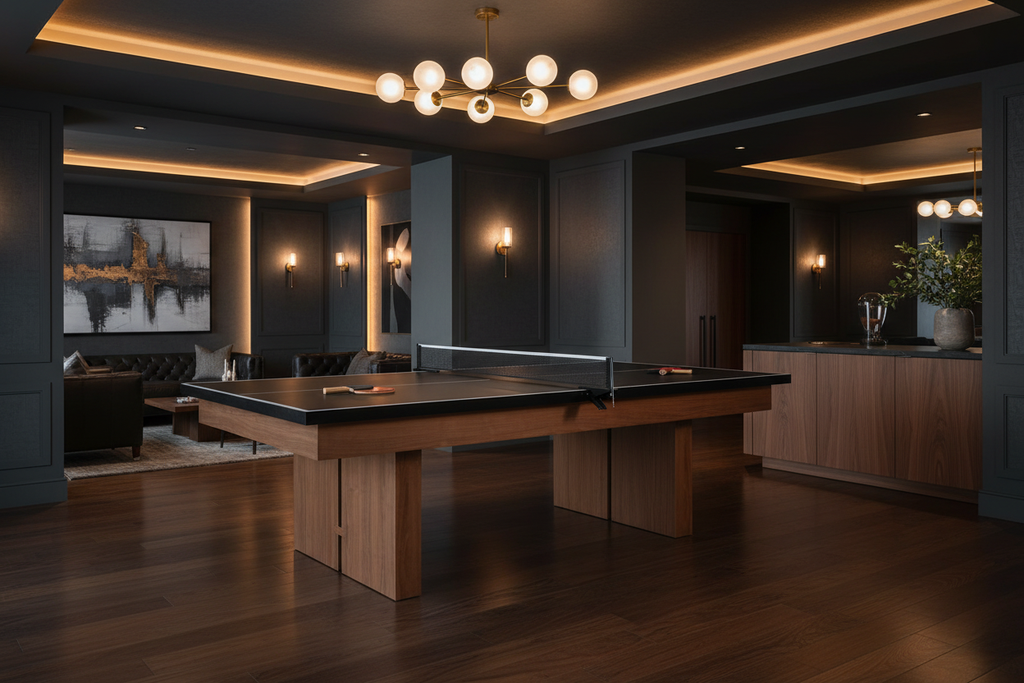 Walnut and slate ping pong table in luxury games room