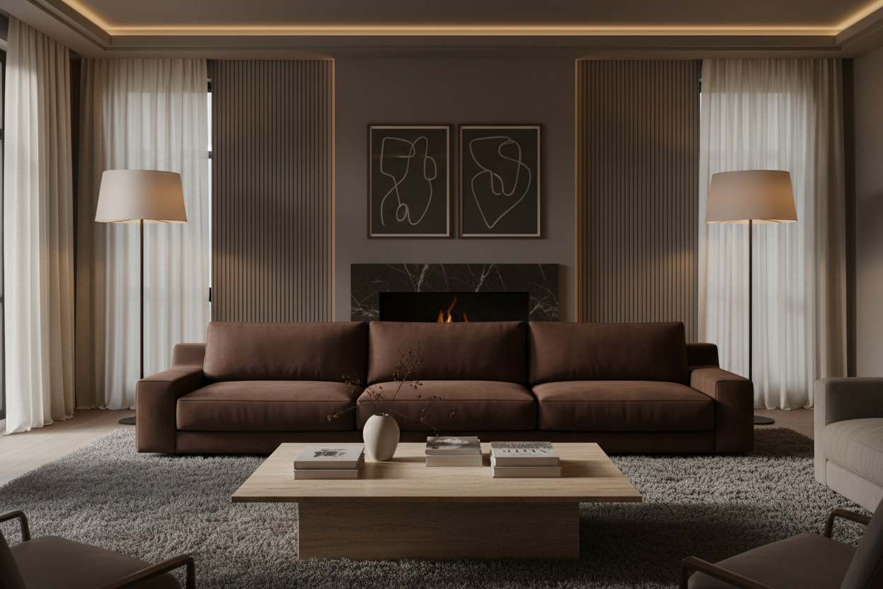 Deep brown sofa in luxury living room setting