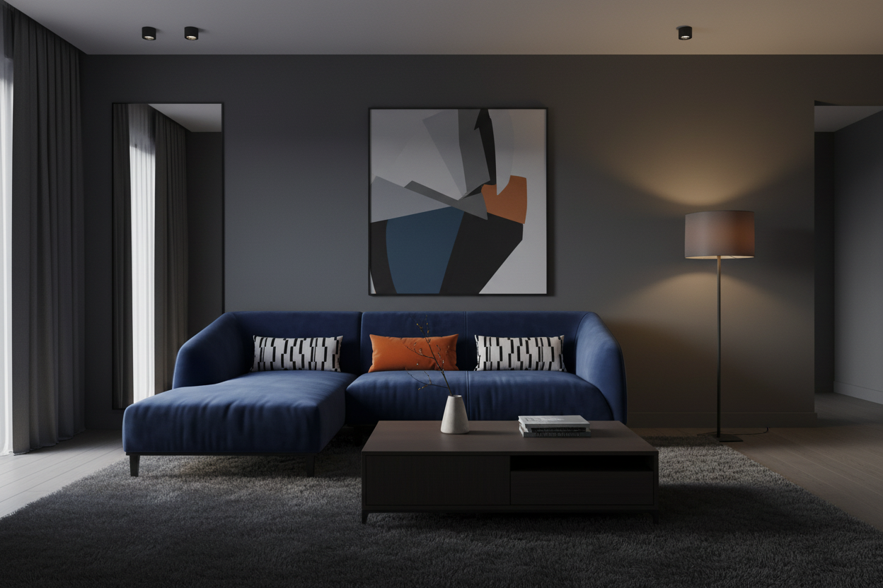 Navy Blue L-Shape Sectional Sofa in atmospheric luxury living room