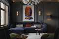 Navy blue curved sofa atmospheric shot