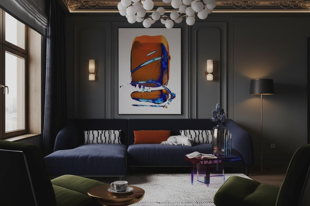 Navy blue curved sofa atmospheric shot