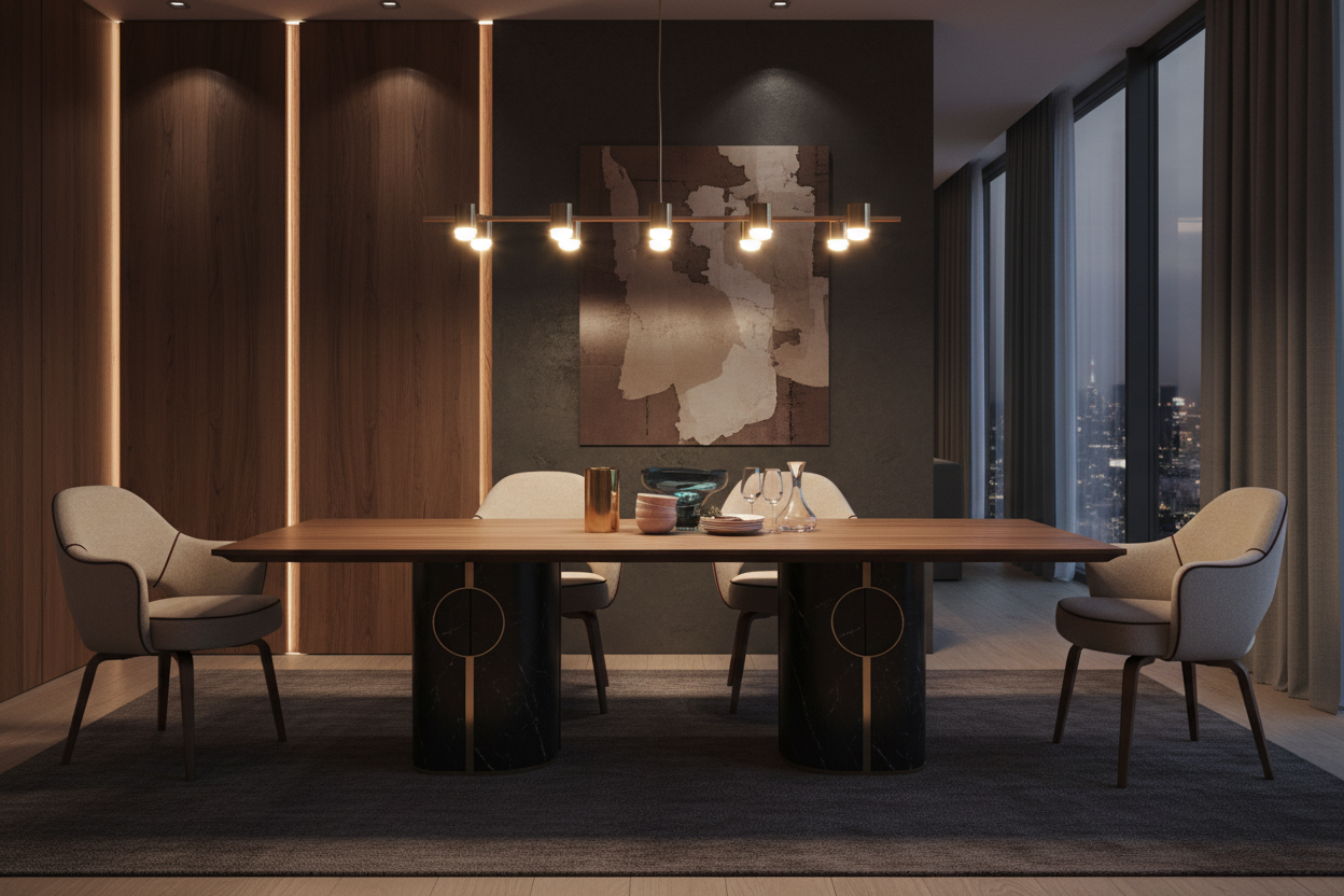 Atmospheric interior shot of the Walnut Ring-Base Dining Table