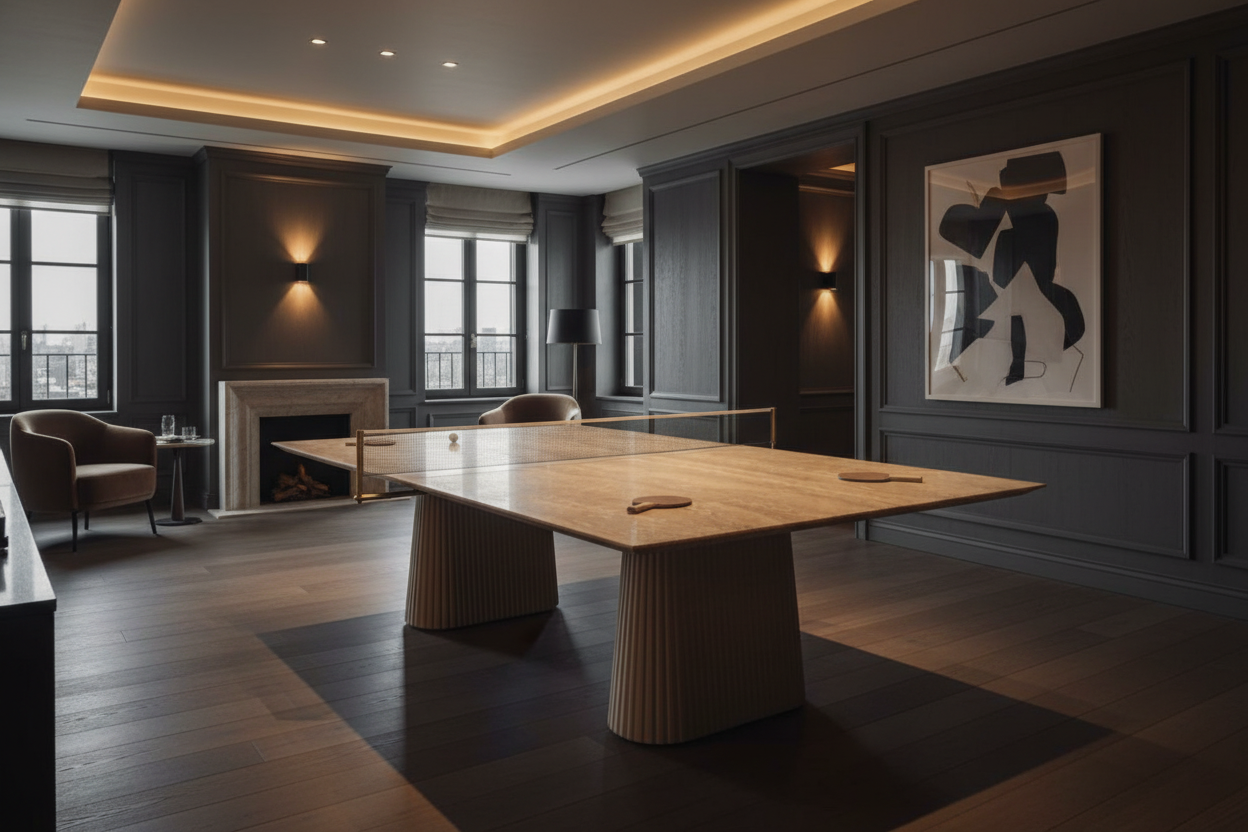 Travertine ping pong table in luxury games room
