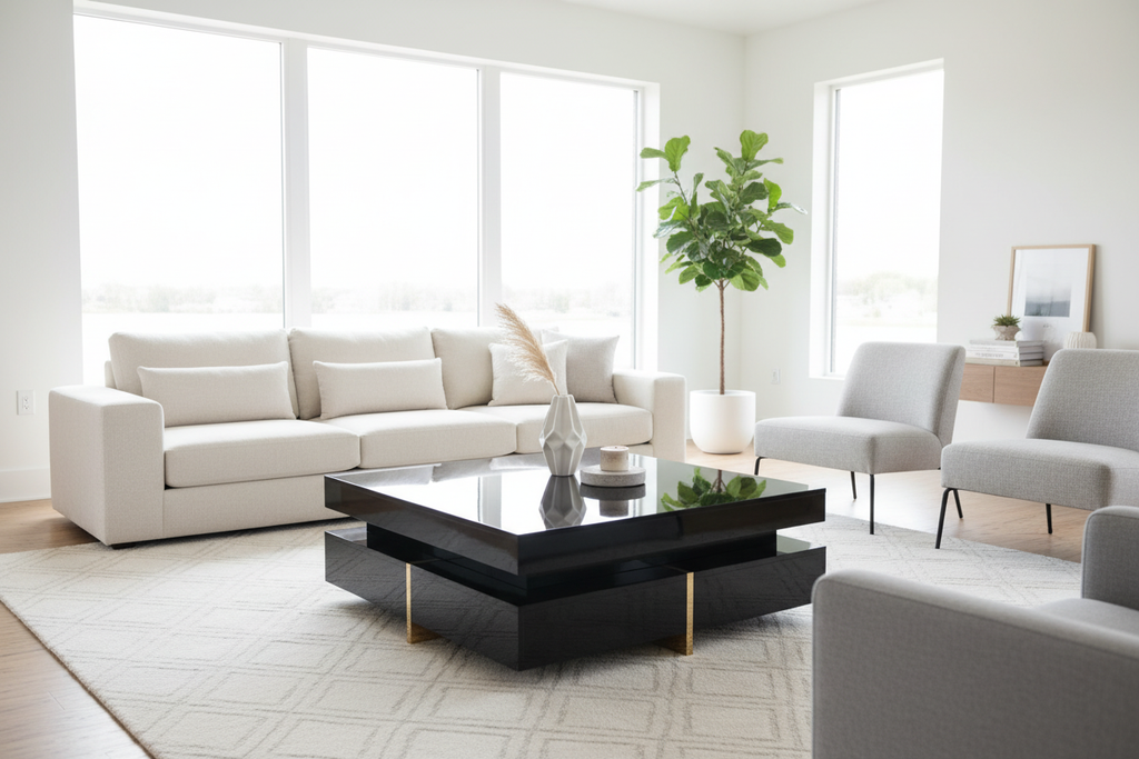 Noir Gloss Coffee Table – styled in a bright airy living room with natural daylight