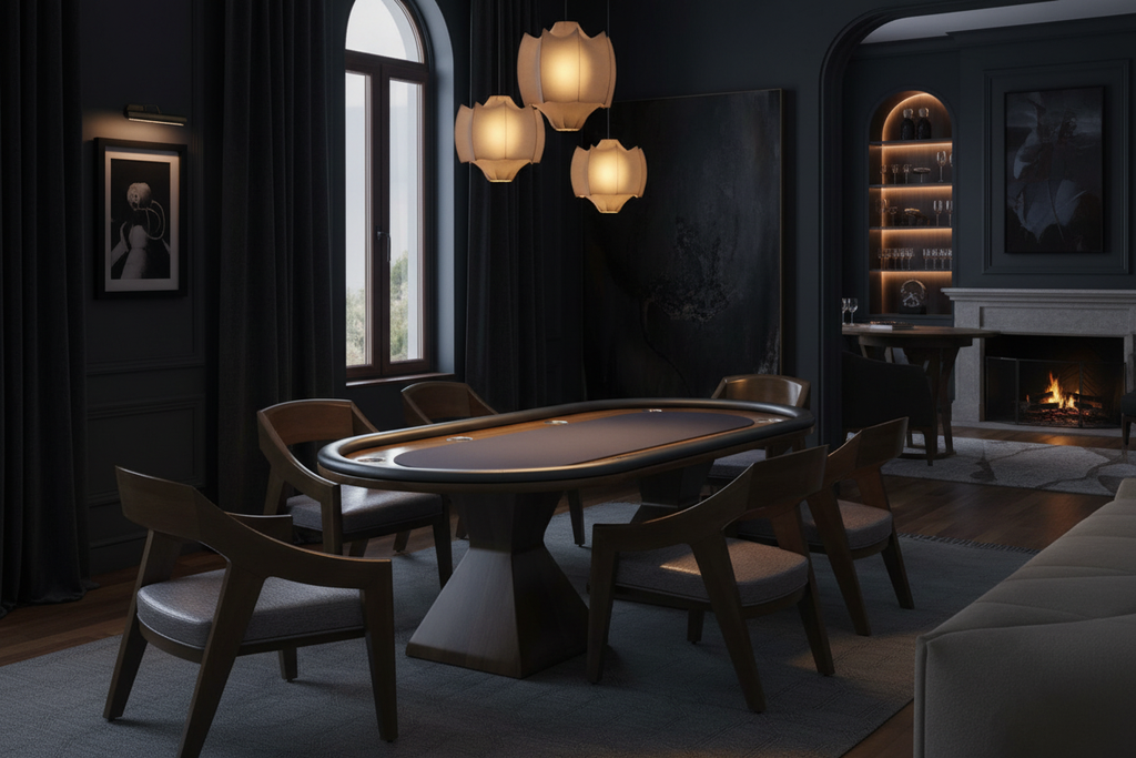 Luxury oval poker card table in moody private members club