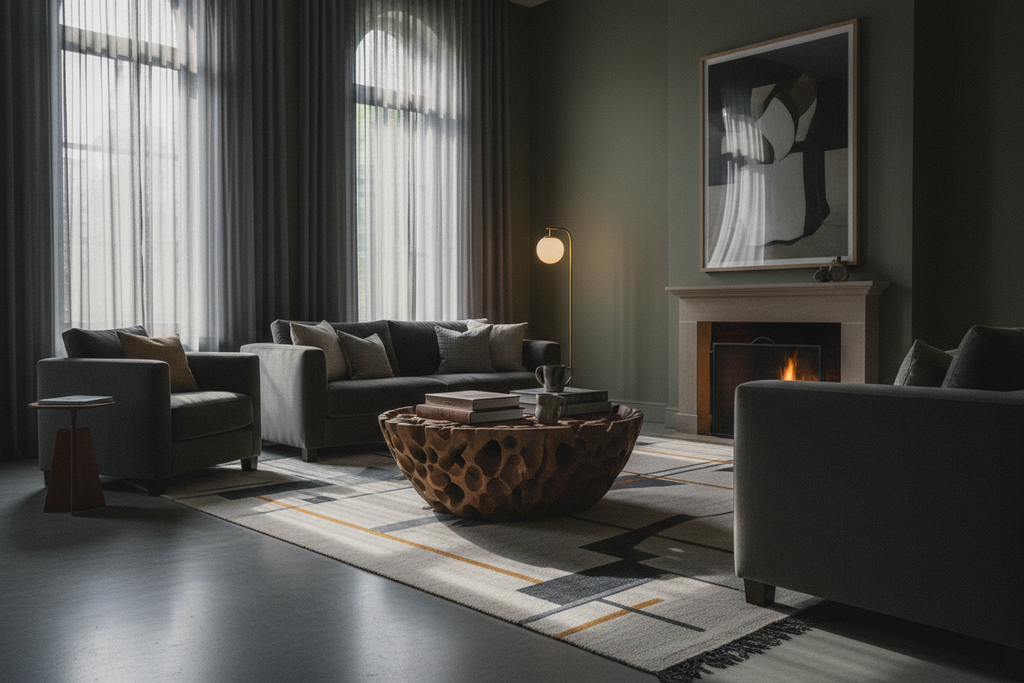 Atmospheric interior shot of the Carved Bowl Coffee Table
