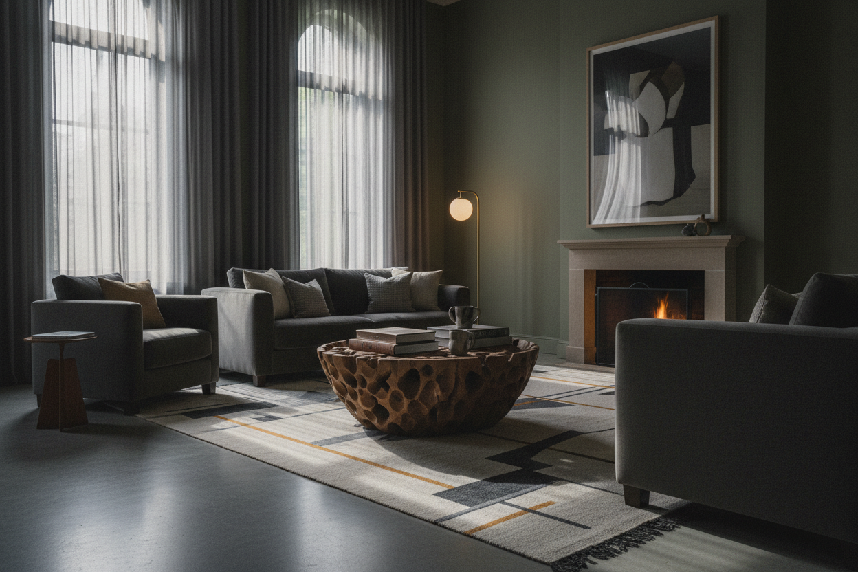 Atmospheric interior shot of the Carved Bowl Coffee Table
