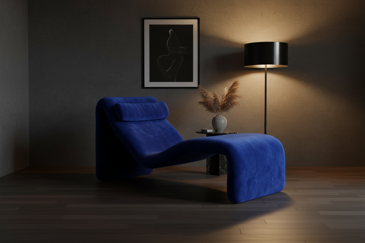 Royal Blue Velvet Chaise Lounge in atmospheric luxury interior