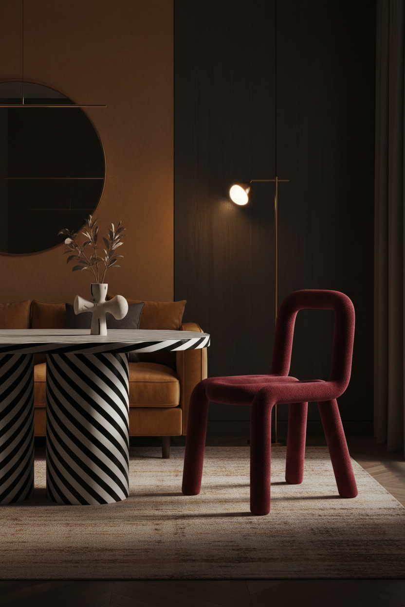 Atmospheric interior shot of the Bold Tubular Velvet Chair