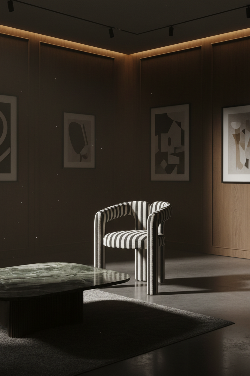 Atmospheric interior shot of the Striped Z-Form Chair