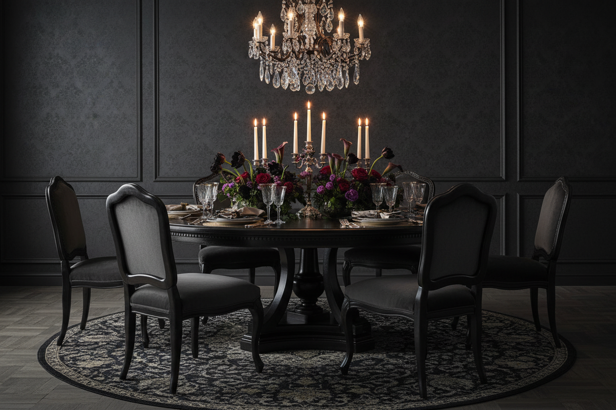 Ebony round pedestal dining table styled for 8 in luxury dining room