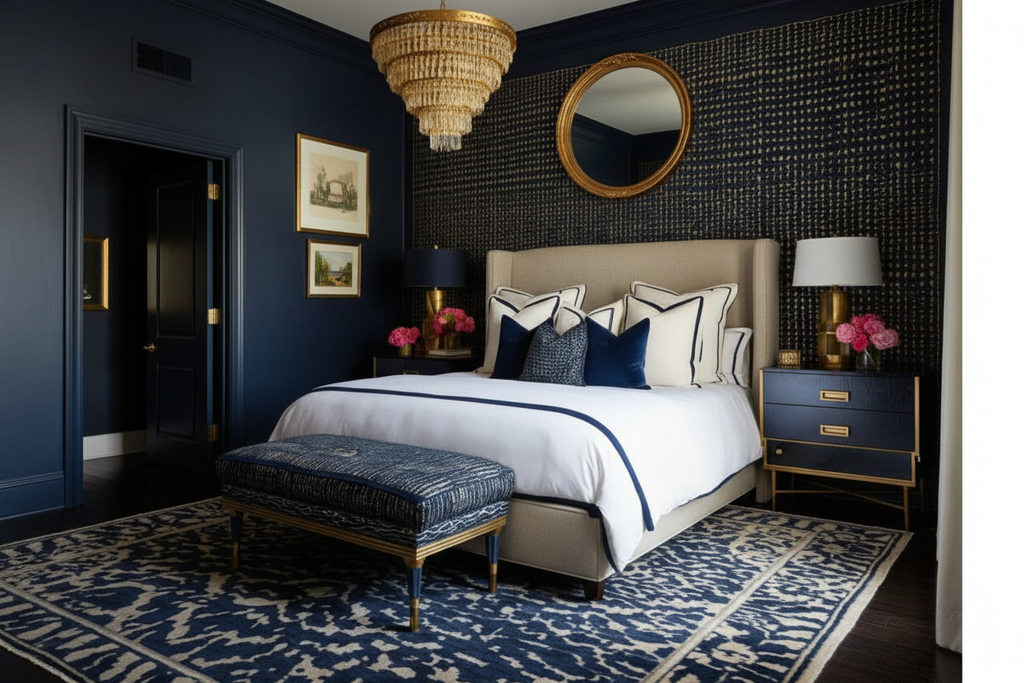 Beige wingback bed in luxury navy and gold bedroom