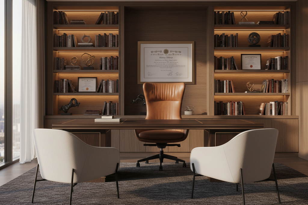 Cognac leather executive chair in luxury office setting