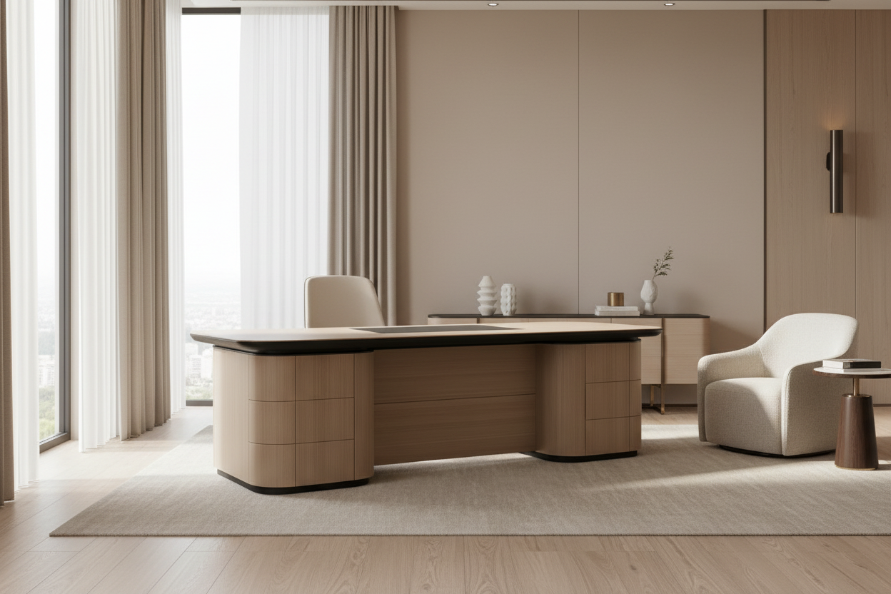 Executive Desk styled in a luxury minimalist home office environment
