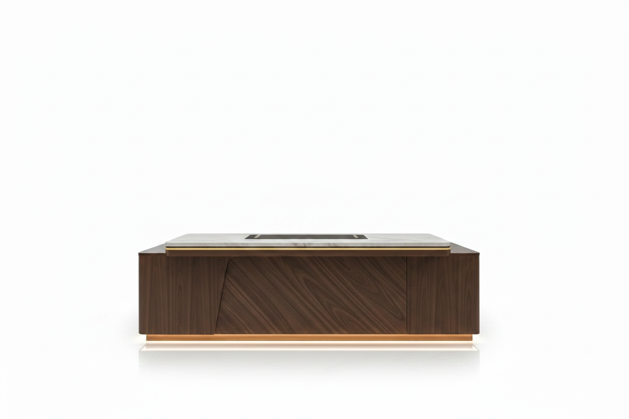 Luxury executive walnut desk front view on white background