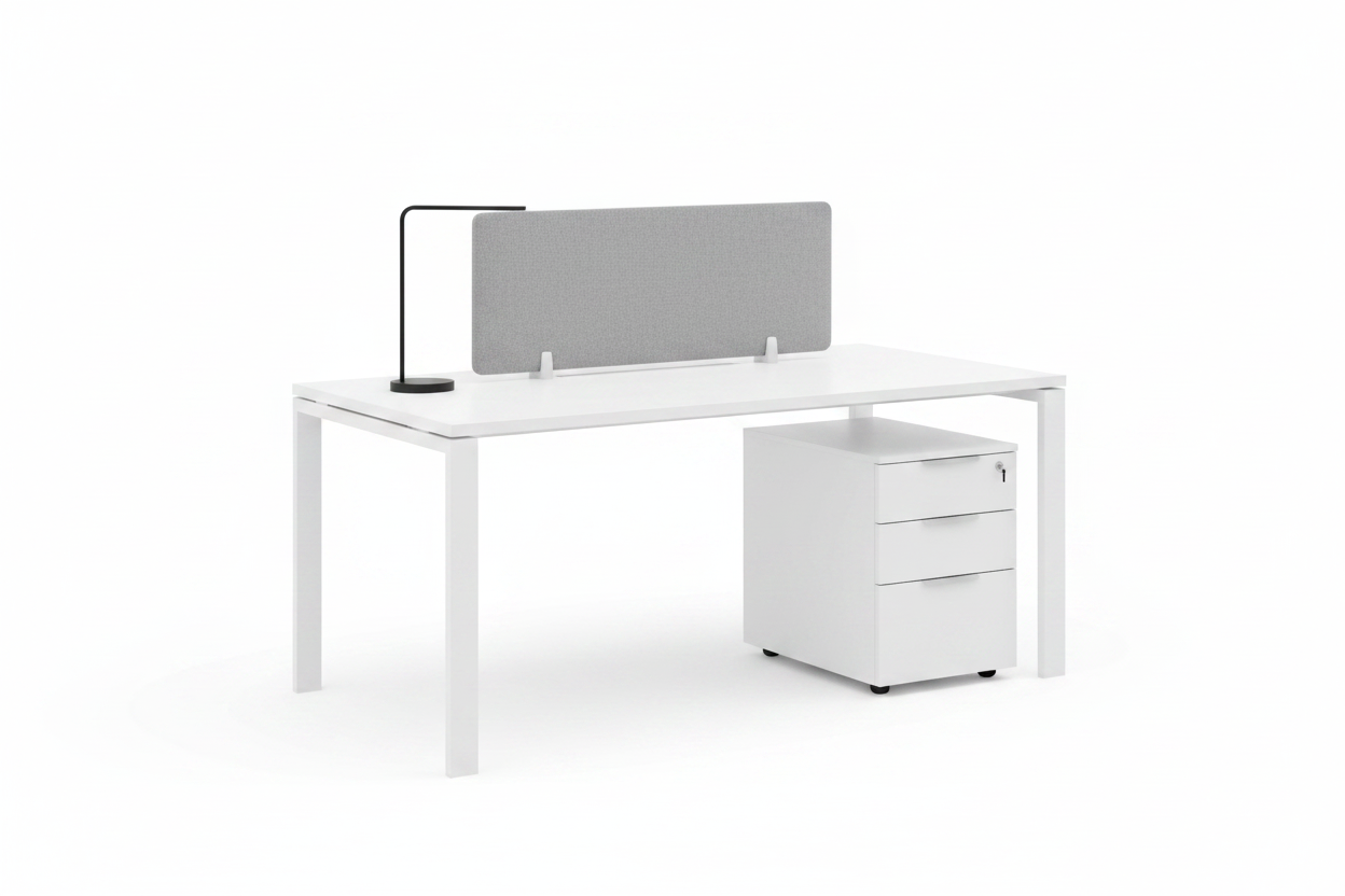 Modular white office desk with acoustic divider and single pedestal cabinet on white background