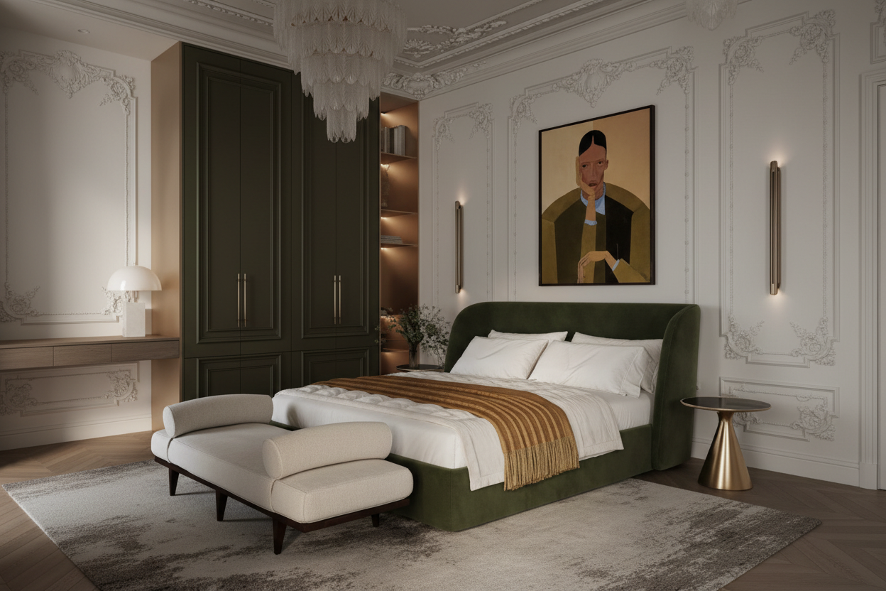 Olive green upholstered bed atmospheric shot