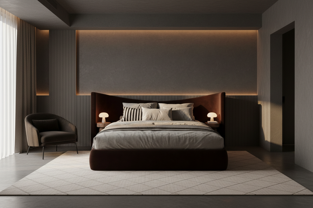 Curved headboard bed in luxury bedroom setting
