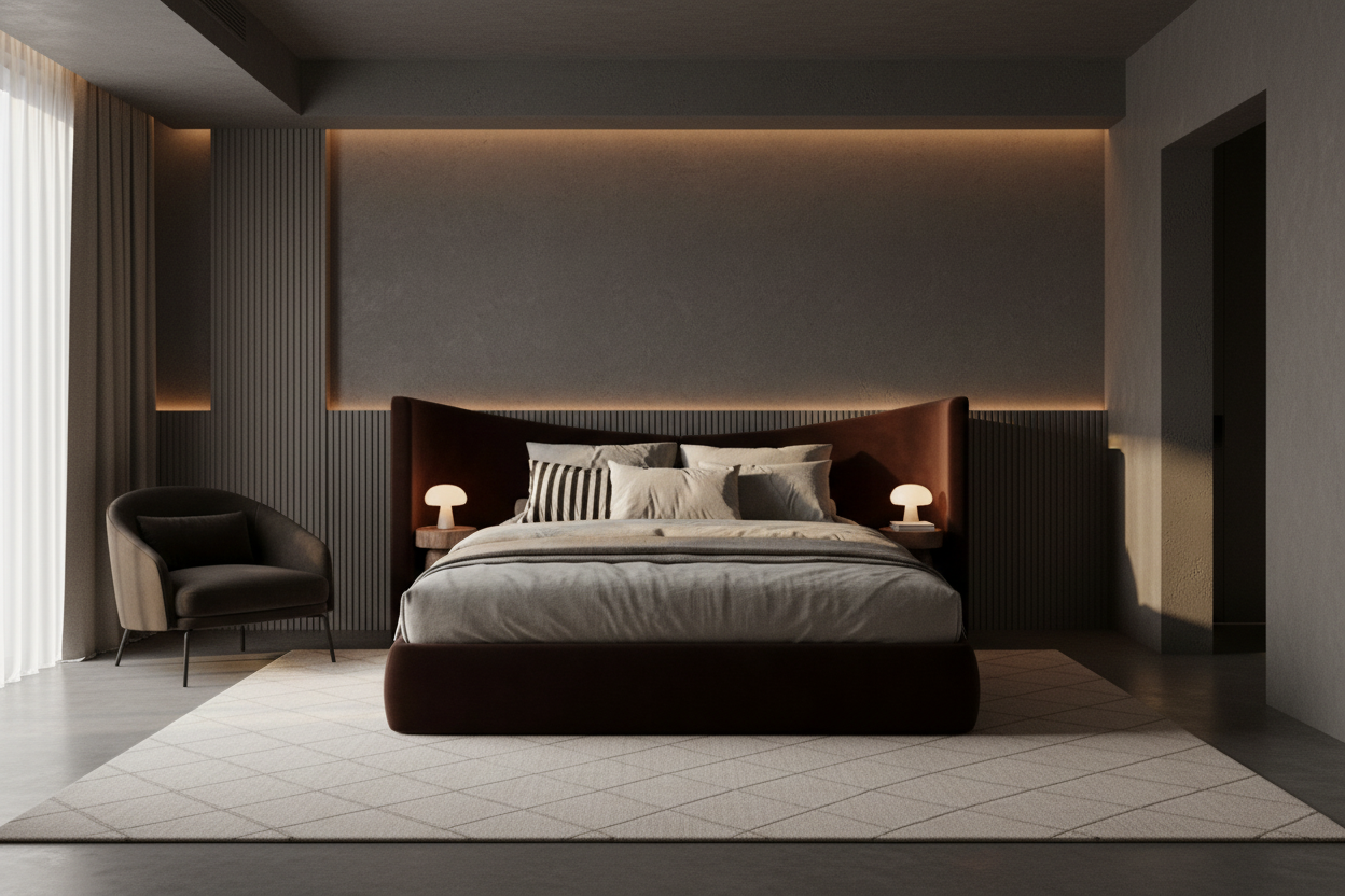 Curved headboard bed in luxury bedroom setting