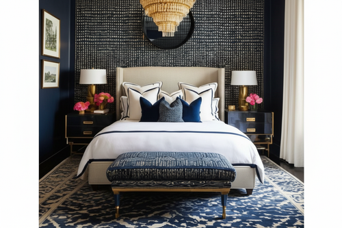 Blue ikat bench at foot of bed in luxury bedroom