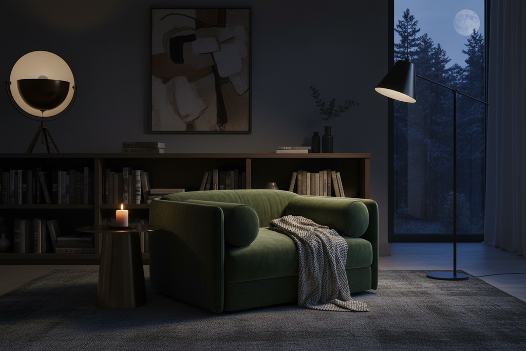 Atmospheric interior shot of the Forest Green Tubular Armchair