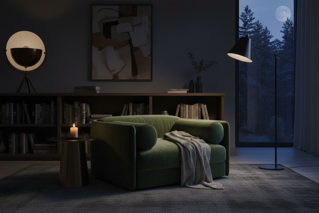 Atmospheric interior shot of the Forest Green Tubular Armchair