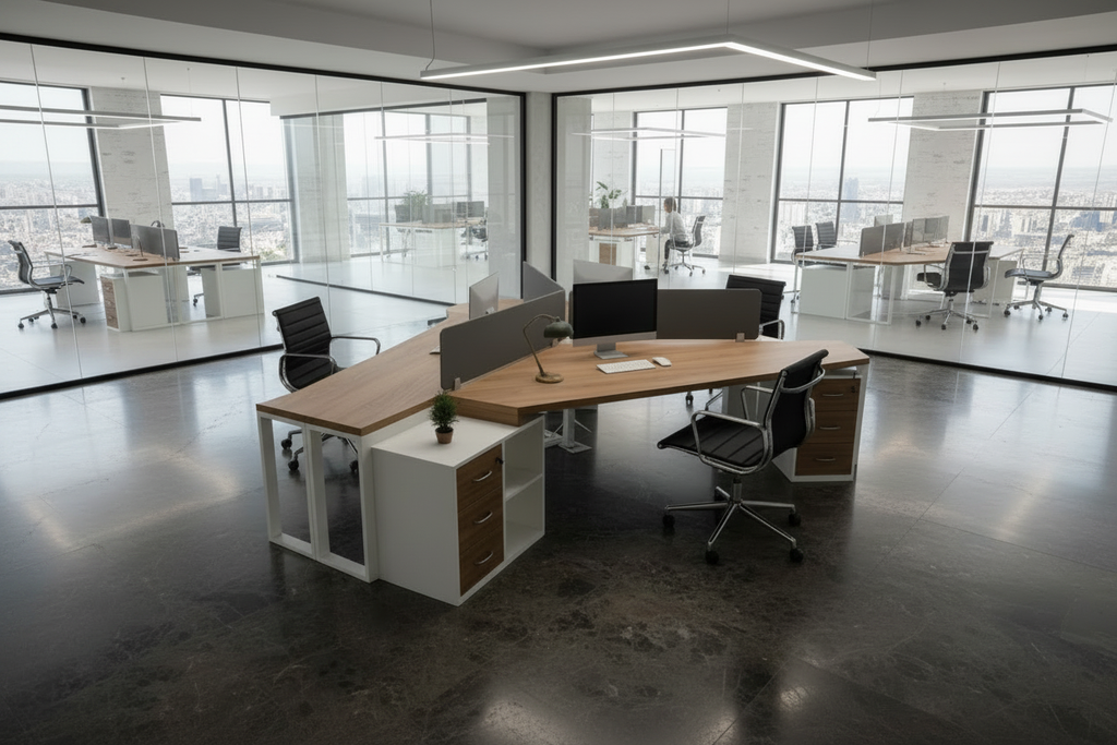 Y-shape modular office workstation in a sleek corporate office setting