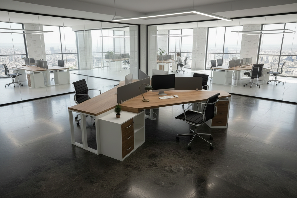 Y-shape modular office workstation in a sleek corporate office setting