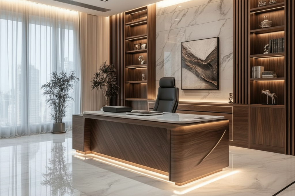 Luxury executive walnut desk in a premium penthouse office setting