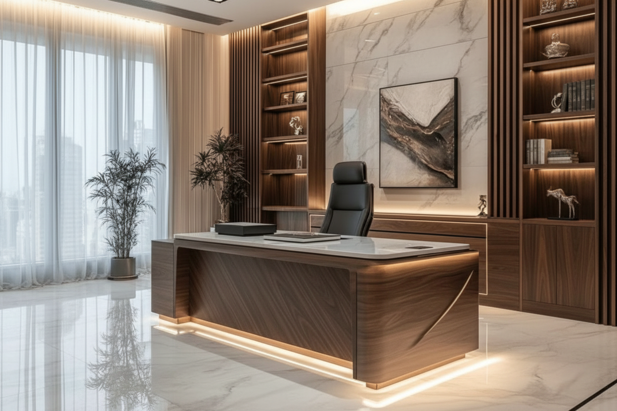 Luxury executive walnut desk in a premium penthouse office setting