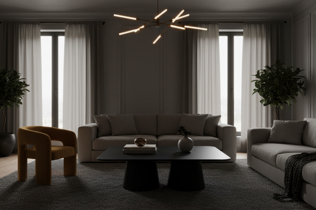 Atmospheric interior shot of the Black Double-Cone Coffee Table