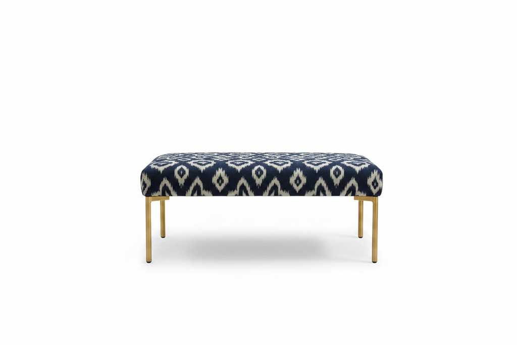 Blue ikat upholstered bench clean product shot