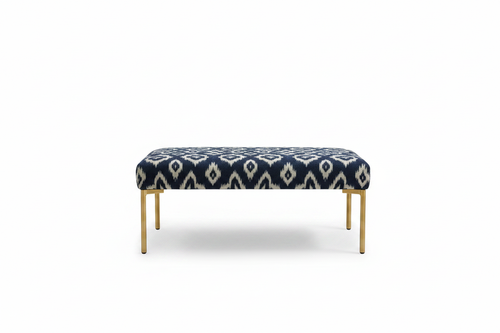 Blue ikat upholstered bench clean product shot