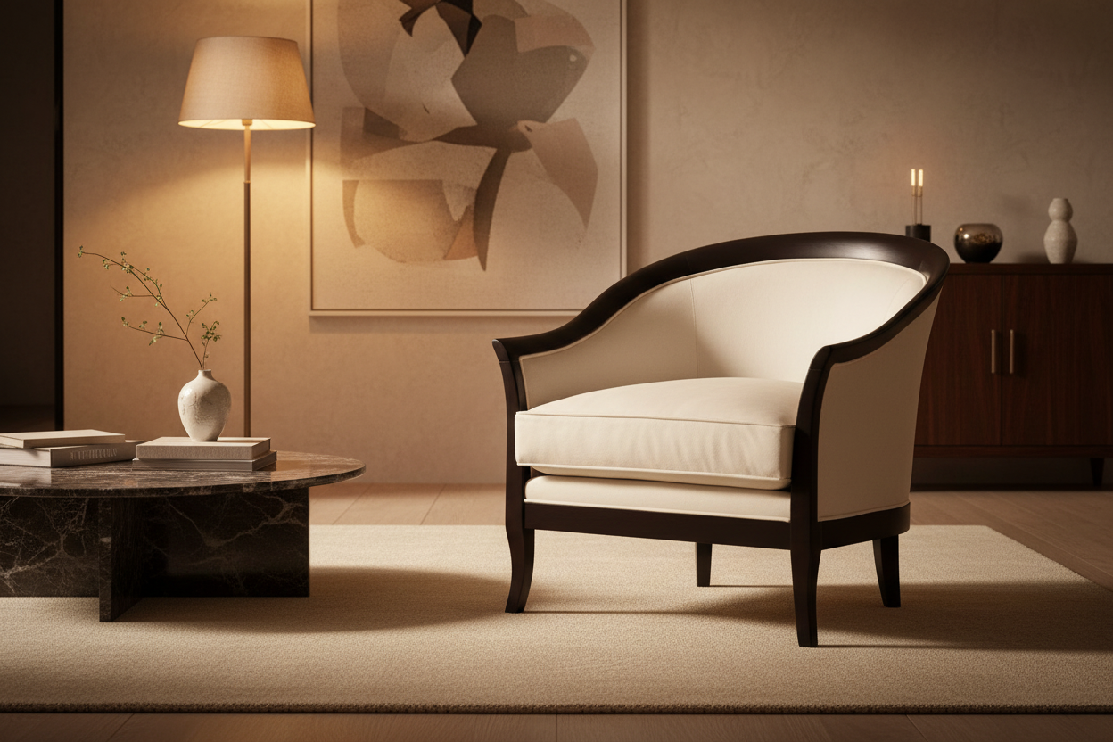 Elegant Curved Armchair – atmospheric lifestyle shot in a luxurious minimalist living room