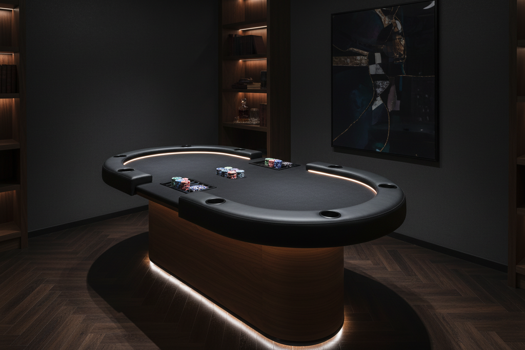 Oval poker table with walnut base in moody luxury games room