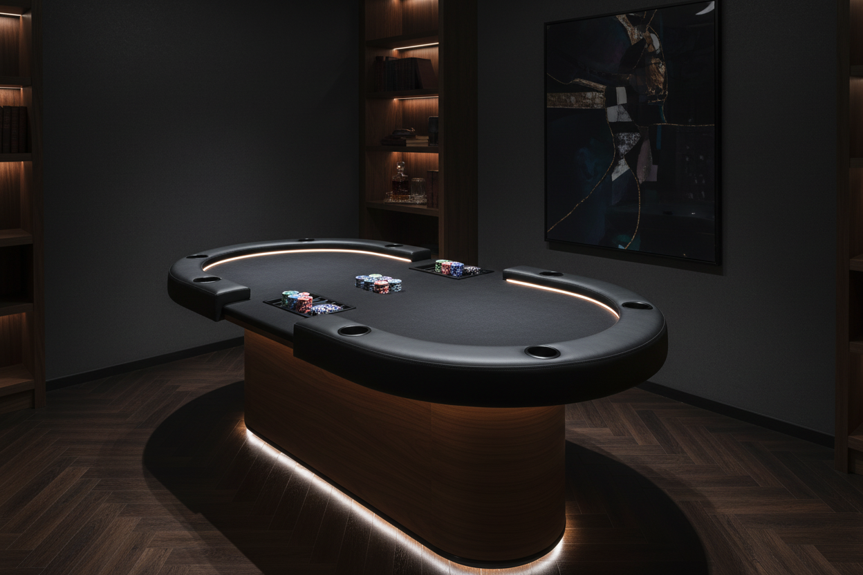 Oval poker table with walnut base in moody luxury games room