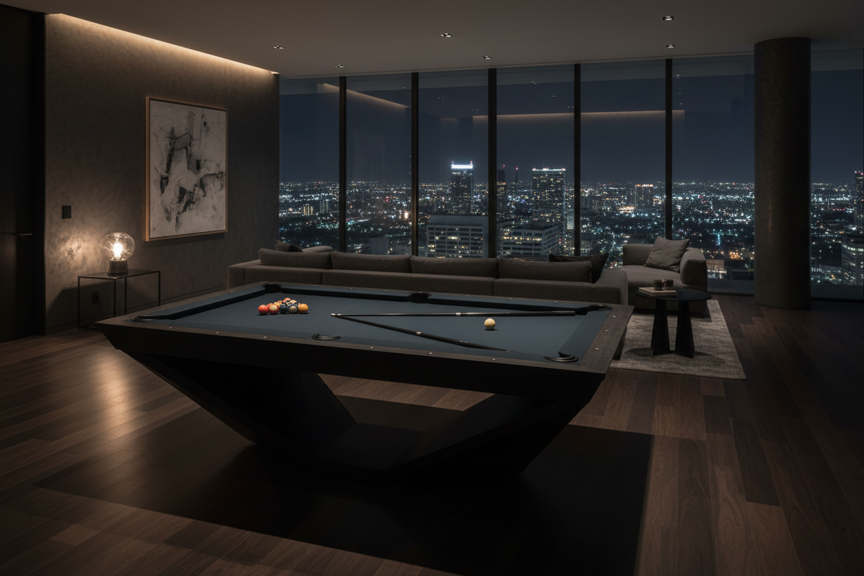 Angular matte black pool table in moody penthouse with city views