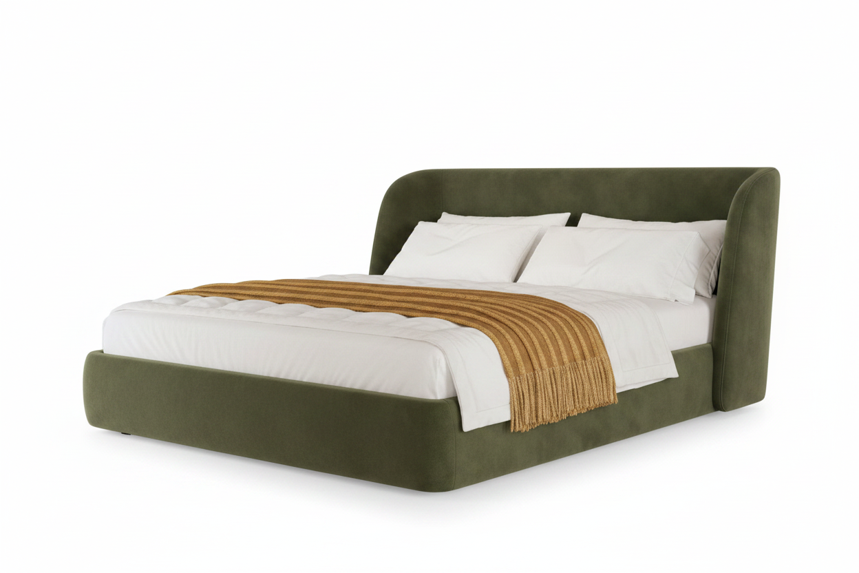 Olive green upholstered bed clean product shot