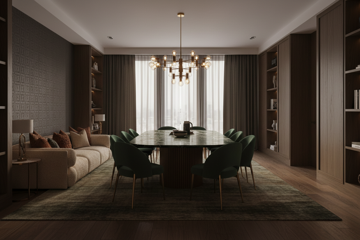 Atmospheric interior shot of the Green Marble Ribbed-Base Dining Table