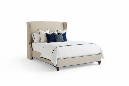 Beige wingback upholstered bed clean product shot