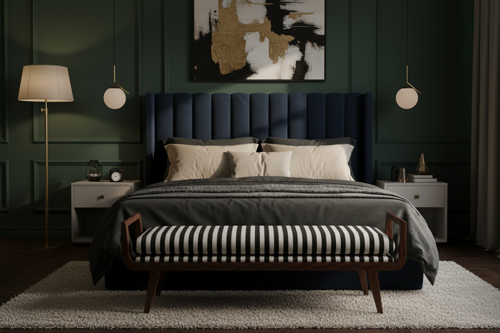 Striped walnut bench at foot of bed in luxury bedroom