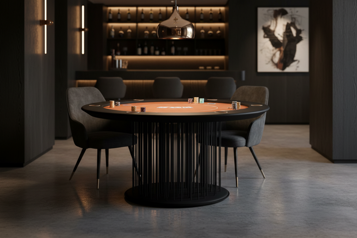Round poker table with cage base in moody luxury setting